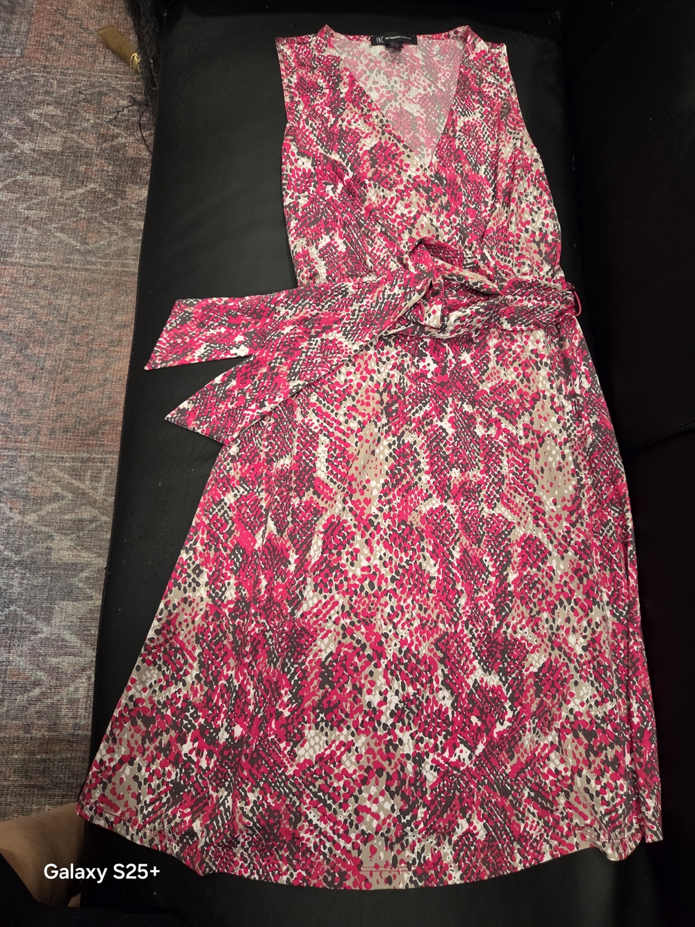 INC International Concepts Pink & White Printed V-Neck Wrap Midi Dress